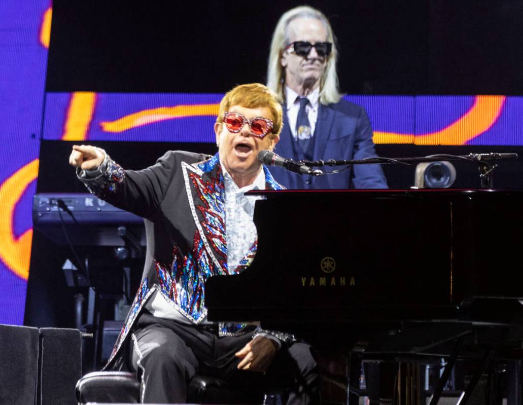 Elton John performs during his ''Farewell Yellow Brick Road,'' final tour at Allegiant Stadium, ...