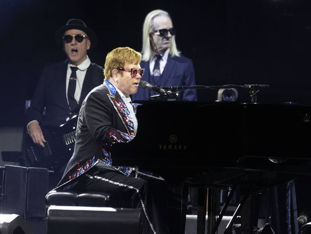 Elton John performs during his ''Farewell Yellow Brick Road,'' final tour at Allegiant Stadium, ...