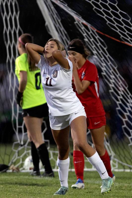 Desert Oasis’ Angelina Labrague reacts after Coronado saved a goal during overtime in a ...