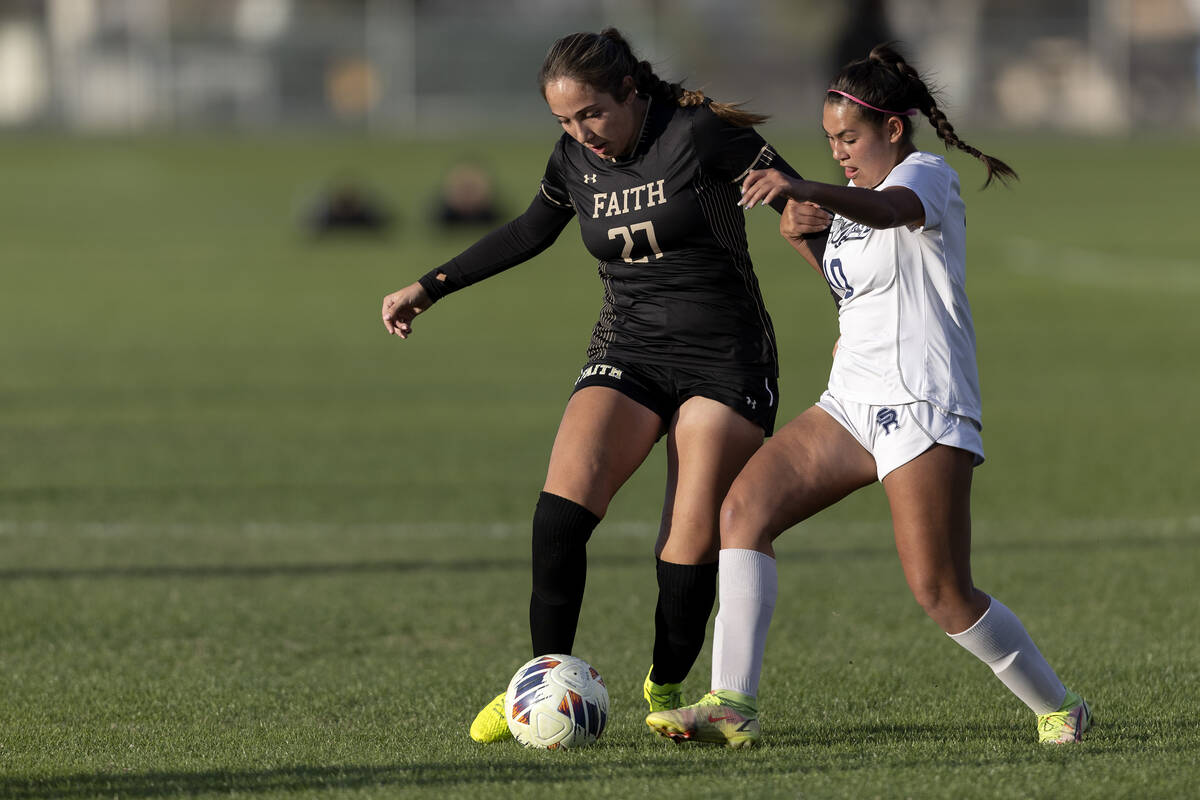 Faith Lutheran’s Madeline Mariani (27) dribbles against Shadow Ridge’s Kendall Ho ...