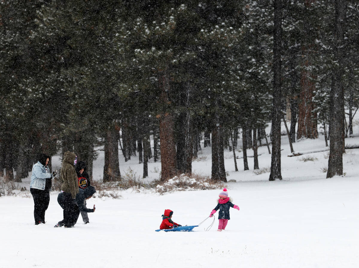 Angel Frias-Irizarry, 3, pulls Greyson Murdock, 3, in freshly fallen snow, in Upper Lee Meadows ...