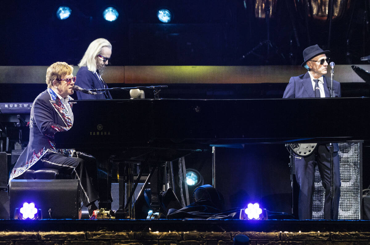 Elton John performs during his ''Farewell Yellow Brick Road,'' final tour at Allegiant Stadium, ...