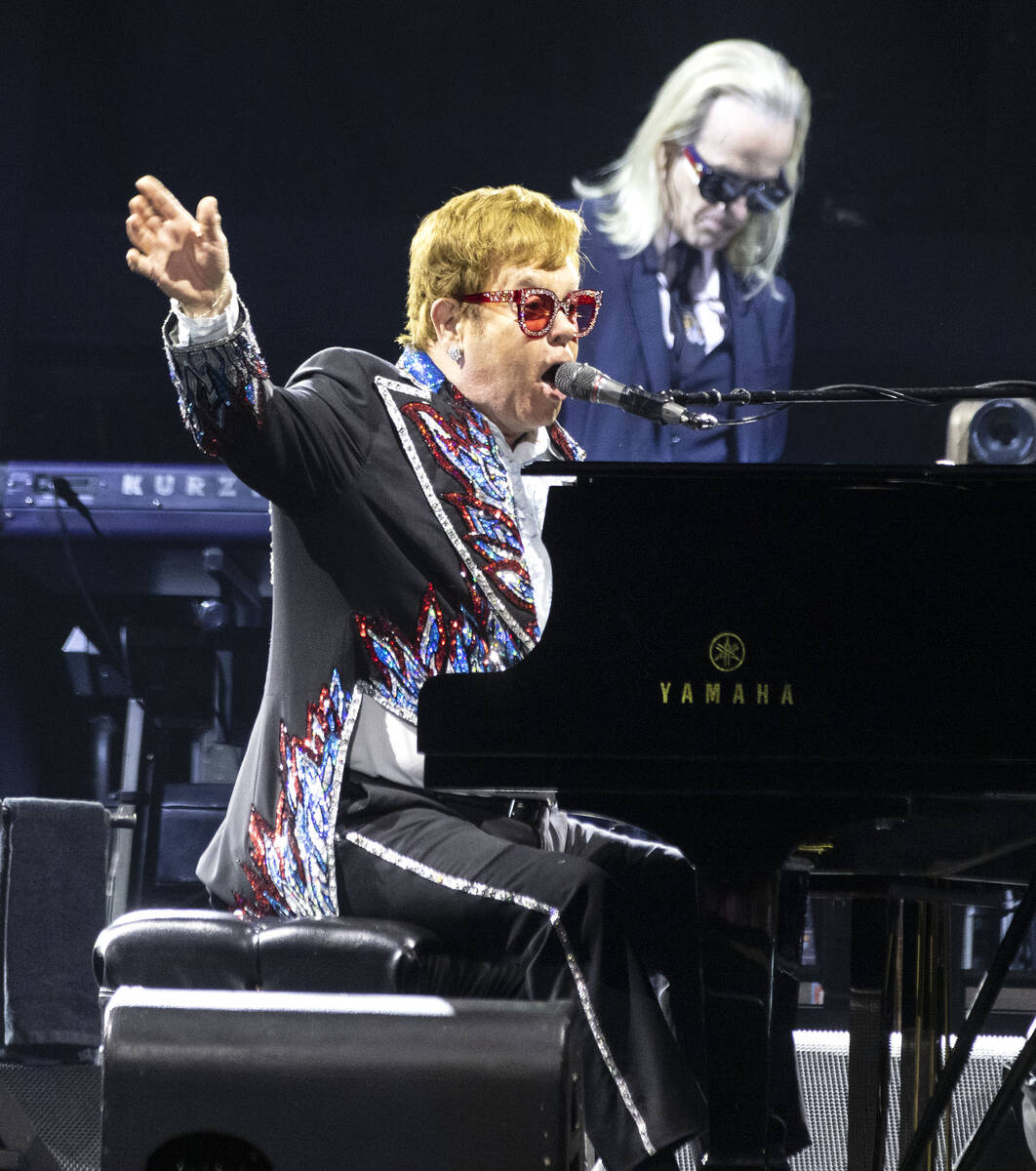 Elton John performs during his ''Farewell Yellow Brick Road,'' final tour at Allegiant Stadium, ...