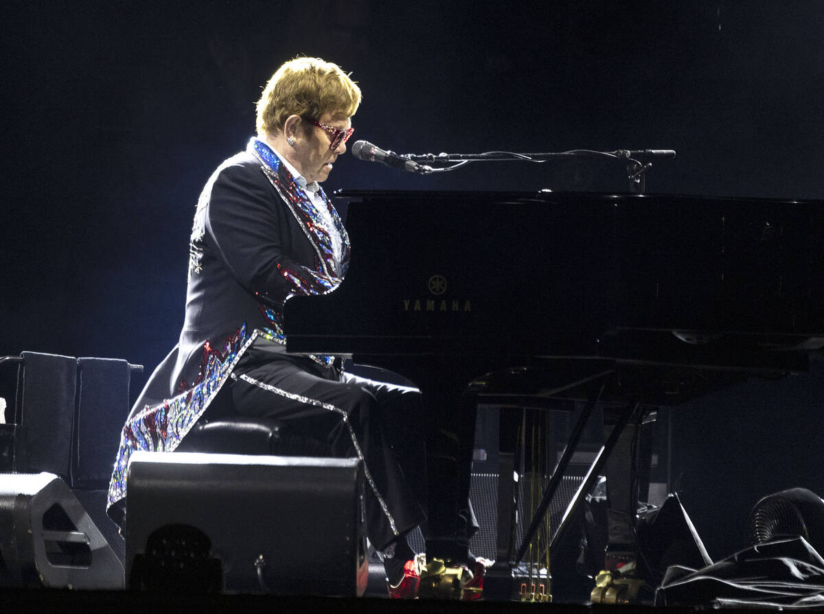 Elton John performs during his ''Farewell Yellow Brick Road,'' final tour at Allegiant Stadium, ...