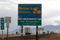 The three lanes are seen on Interstate 15 heading south out of Las Vegas near the Nevada-Califo ...