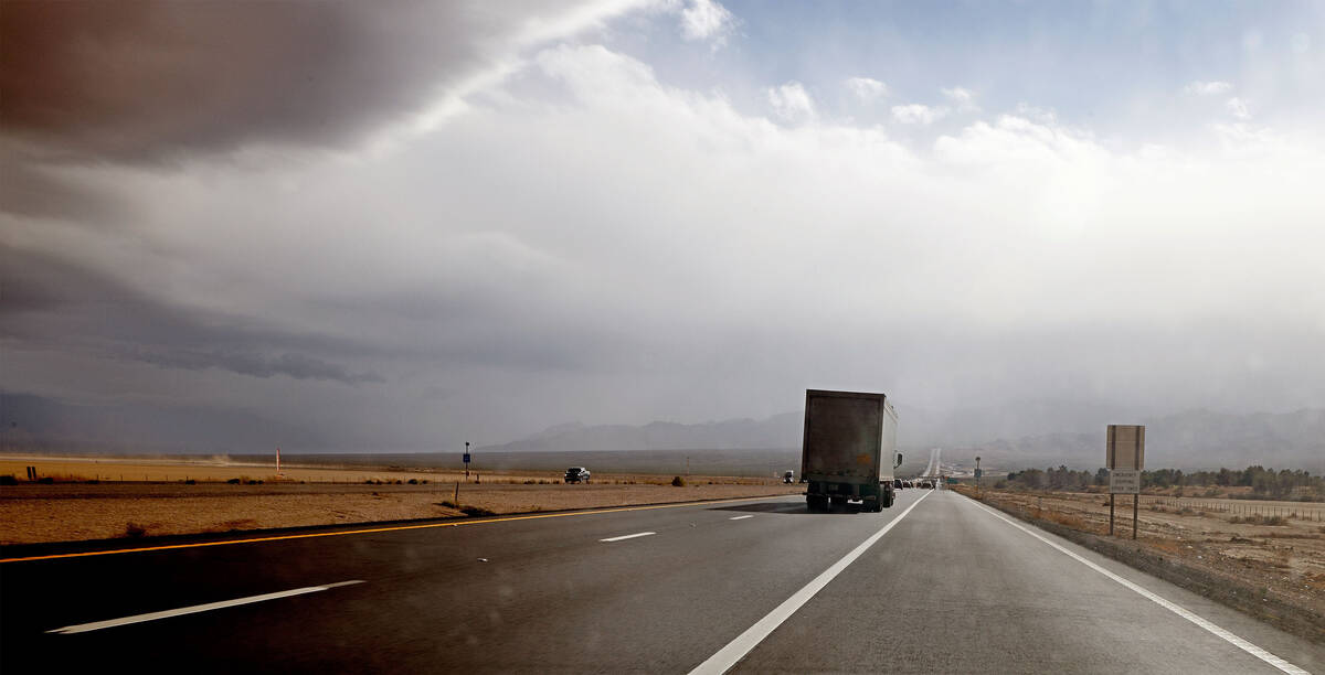 The three lanes are seen on Interstate 15 heading south out of Las Vegas near the Nevada-Califo ...