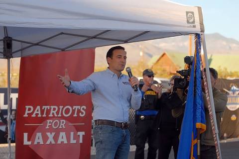 Adam Laxalt, candidate for state senator, addresses the crowd of supporters at an event held in ...