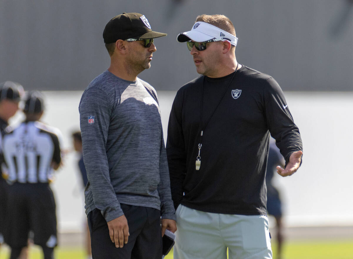 Raiders general manager Dave Ziegler, left, and head coach Josh McDaniels during the team&#x201 ...