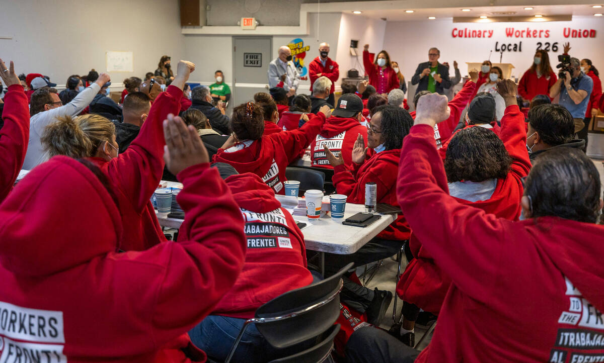 Culinary Union members gather for a rally as efforts to knock on more than 1 million doors this ...