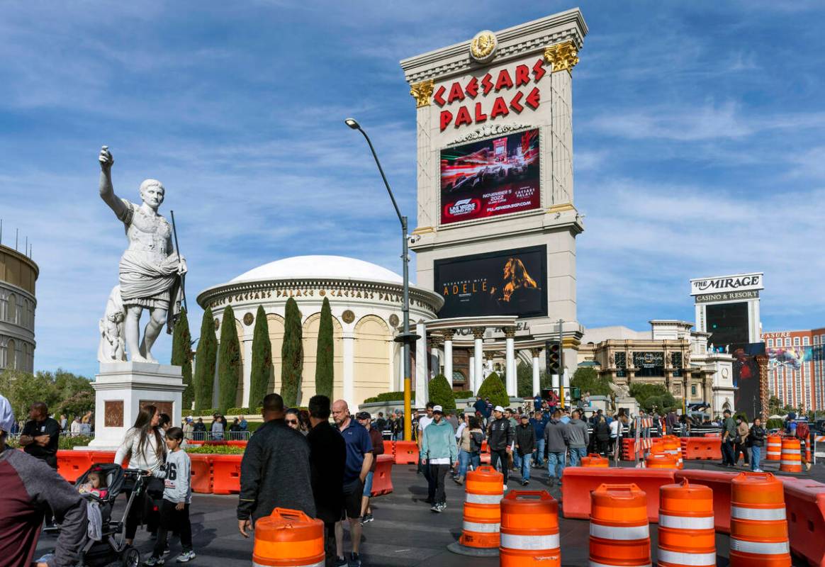 The Formula One Las Vegas Grand Prix is displayed on the marquee outside Caesars where the fan ...
