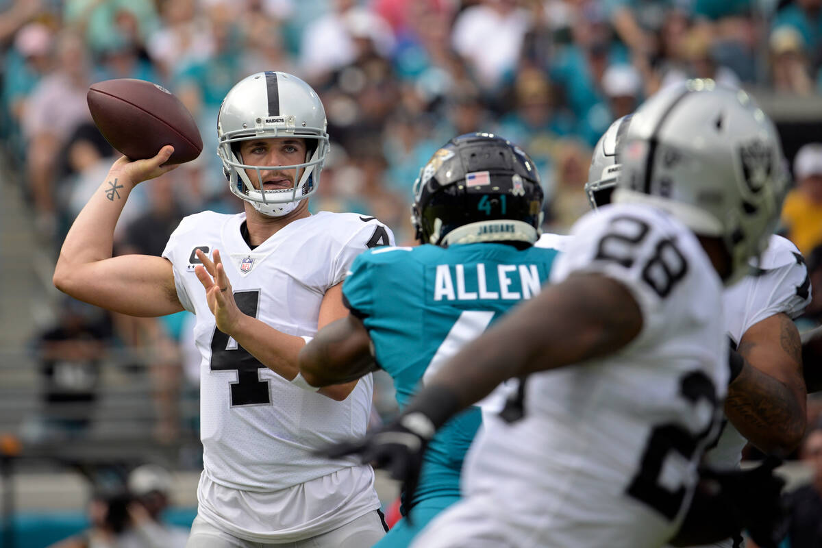 Las Vegas Raiders quarterback Derek Carr (4) passes against the Jacksonville Jaguars in the fir ...