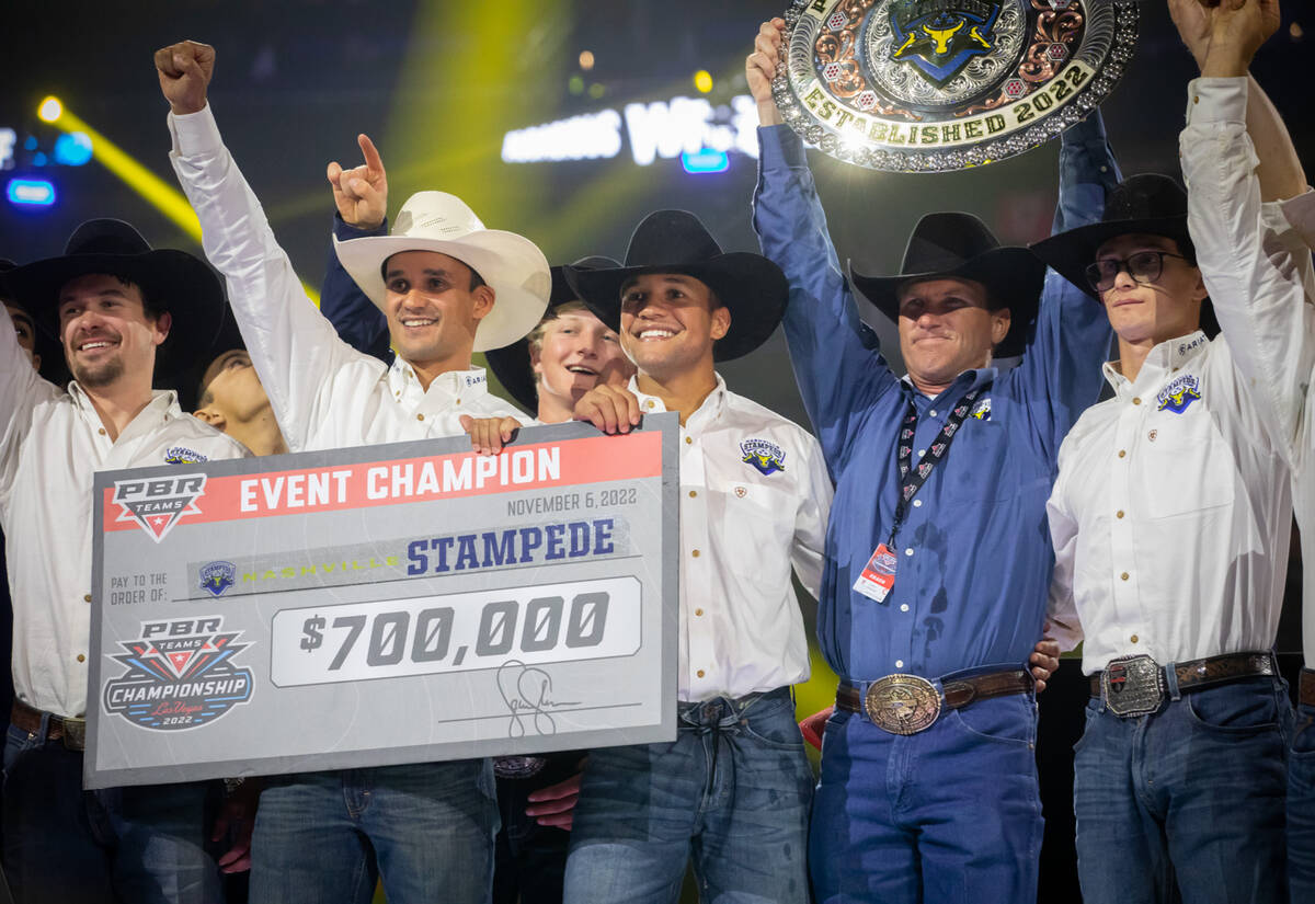 Nashville Stampede team members celebrate their victory at the Pro Bull Riders team championshi ...