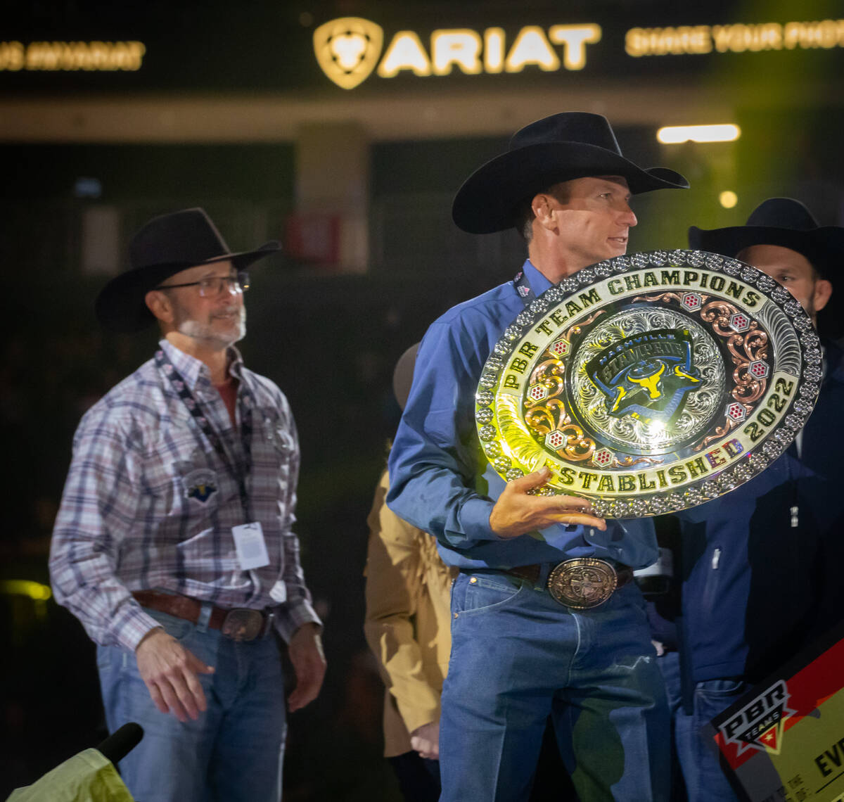The Nashville Stampede’s Coach Justin Mcbride holds the buckle trophy at the Pro Bull Ri ...