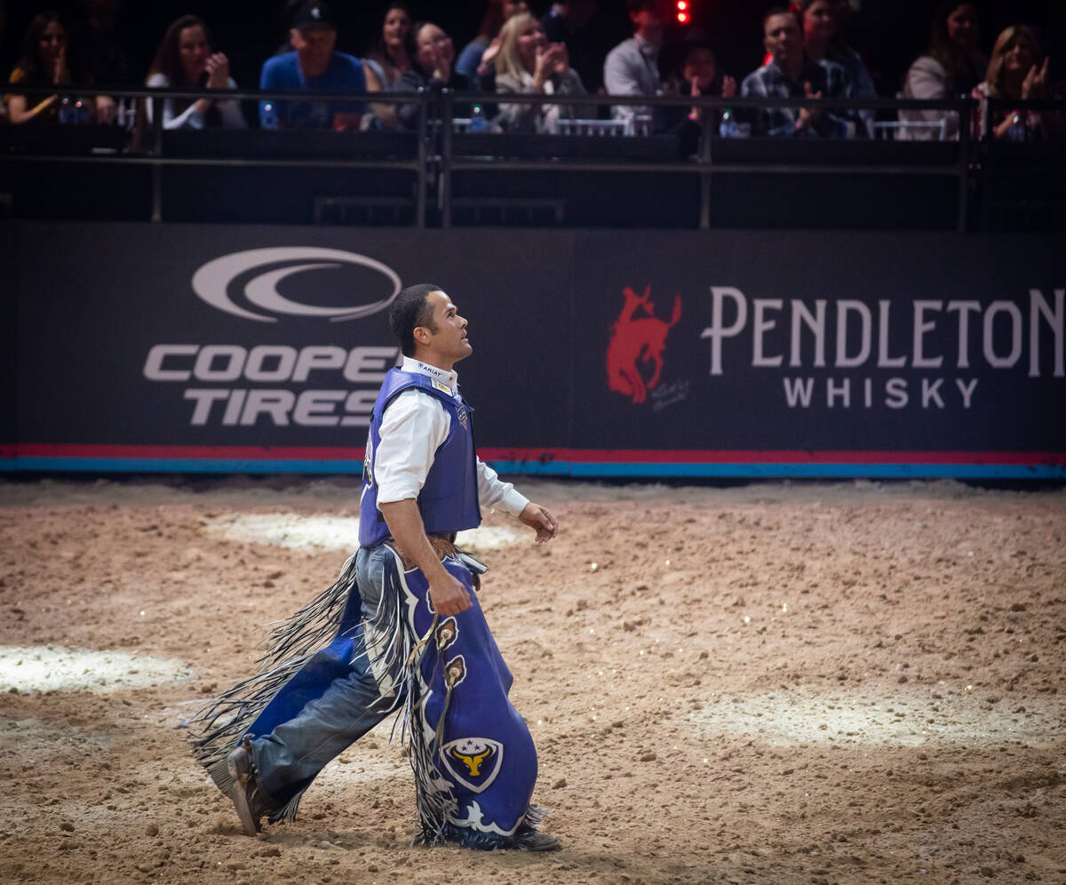 Nashville Stampede’s Kaique Pacheco after his run during the Pro Bull Riders team champ ...