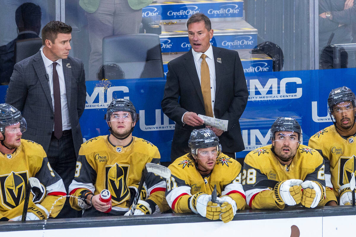 Golden Knights Head Coach Bruce Cassidy argues a late call versus the Chicago Blackhawks during ...