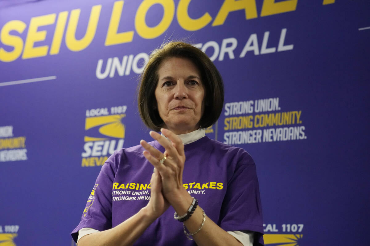 Sen. Catherine Cortez Masto, D-Nev., speaks at a campaign event Tuesday, Nov. 8, 2022, in Las V ...