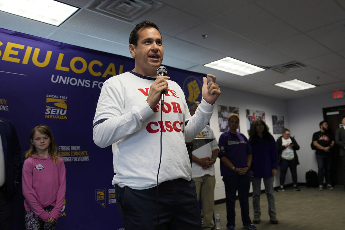 Cisco Aguilar, candidate for Nevada Secretary of State, speaks at a campaign event Tuesday, Nov ...