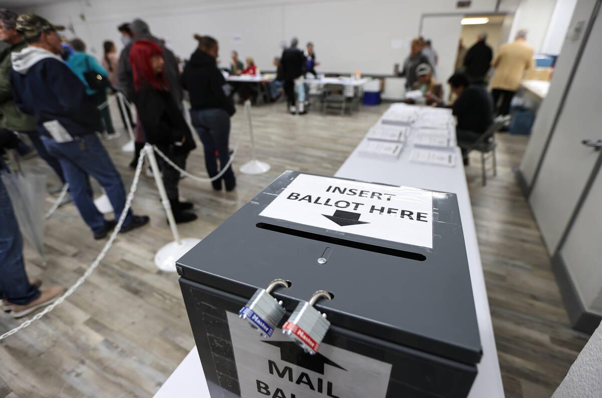 A mail ballot drop box is seen on Election Day at Bob Ruud Community Center in Pahrump on Tuesd ...