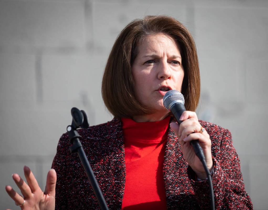 Sen. Catherine Cortez Masto speaks to the crowd during a Horse Parade to rally voters ahead of ...