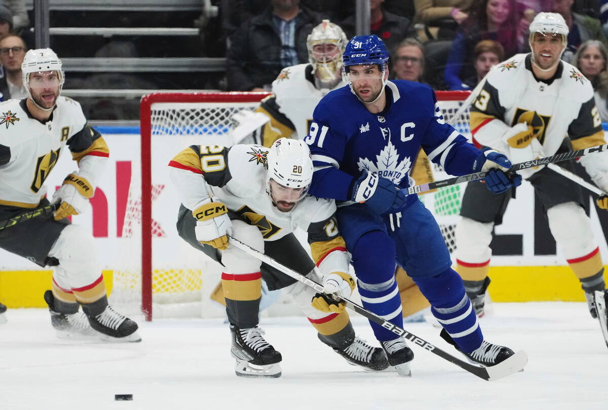 Toronto Maple Leafs forward John Tavares (91) and Vegas Golden Knights forward Chandler Stephen ...