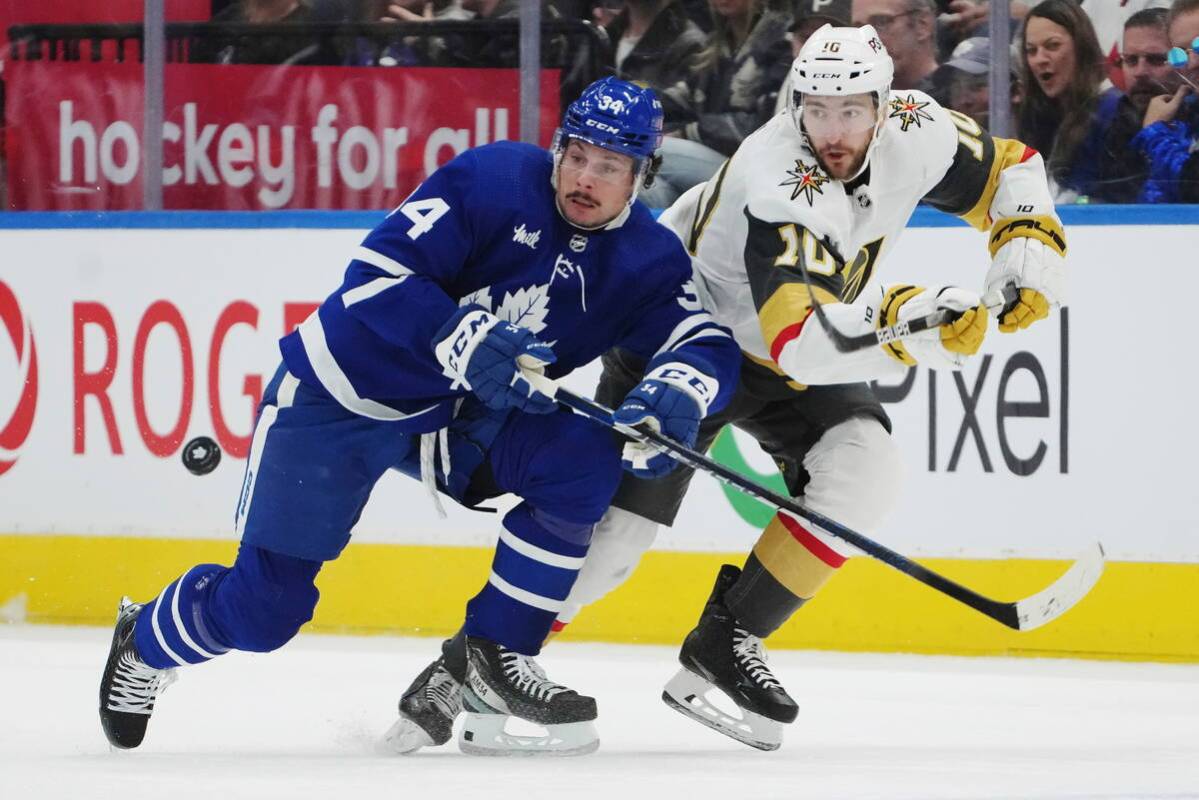 Toronto Maple Leafs forward Auston Matthews (34) and Vegas Golden Knights forward Nicolas Roy ( ...