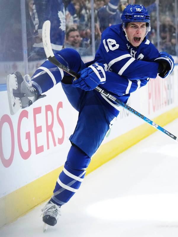 Toronto Maple Leafs forward Mitchell Marner (16) celebrates his goal against the Vegas Golden K ...