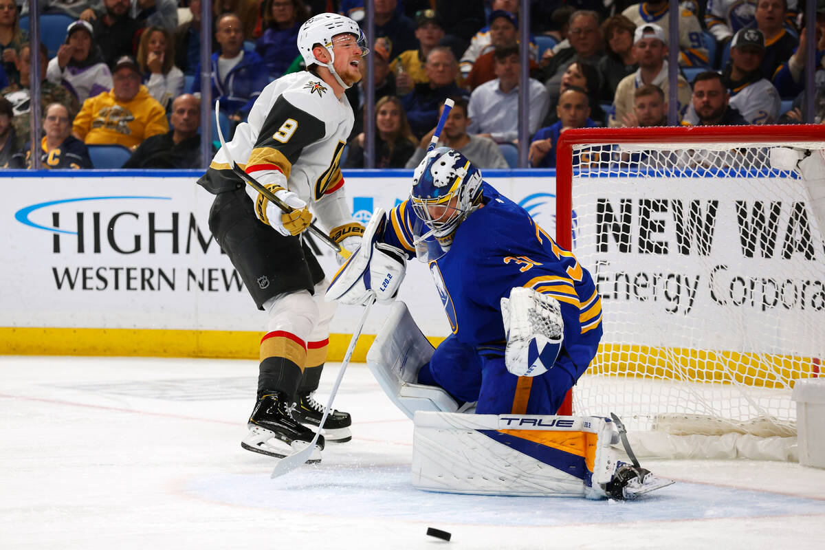 Vegas Golden Knights center Jack Eichel (9) reacts after being stopped by Buffalo Sabres goalte ...