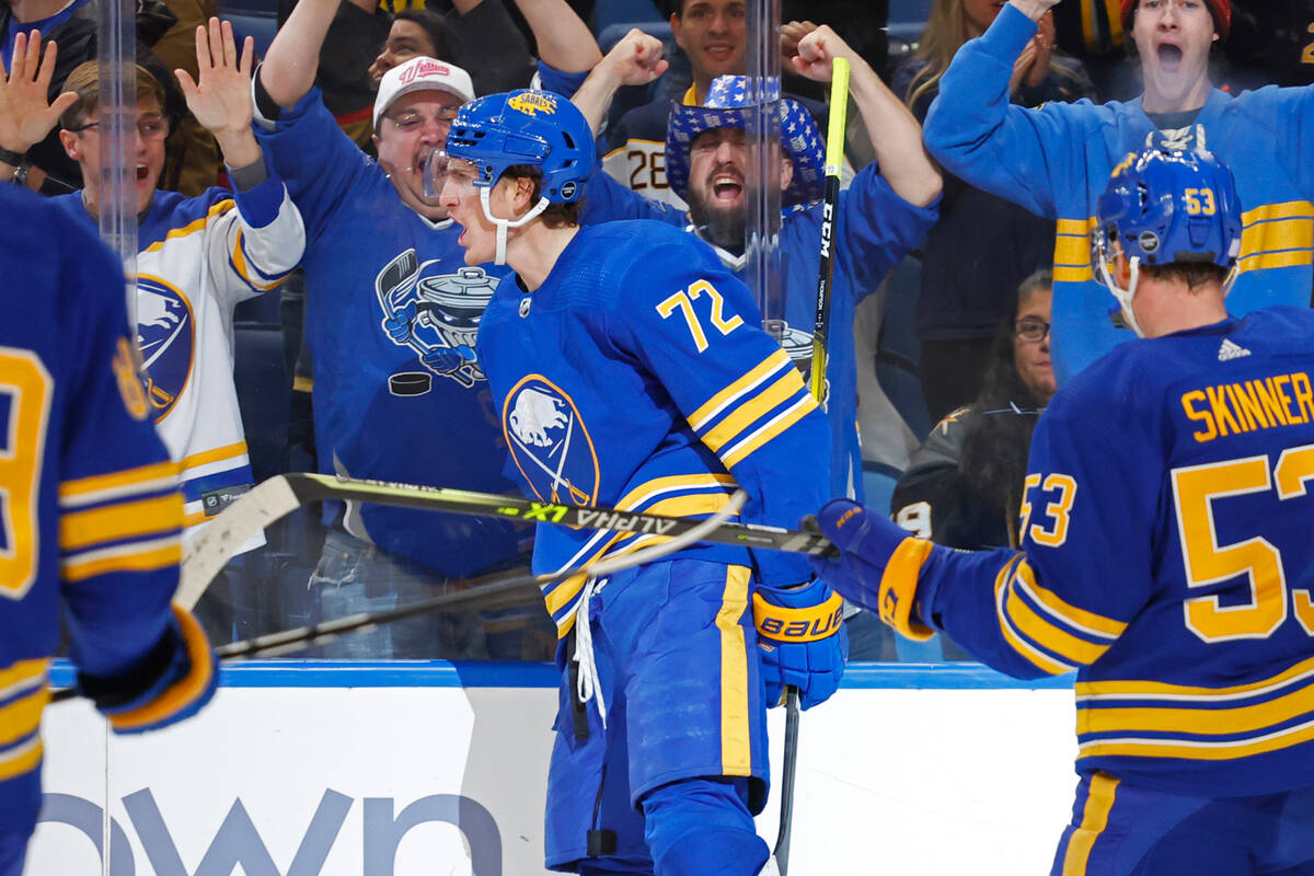 Buffalo Sabres right wing Tage Thompson (72) celebrates his goal during the first period of the ...