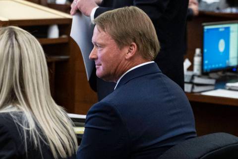 Former Raiders coach Jon Gruden appears in court at the Regional Justice Center on May 25, 2022 ...