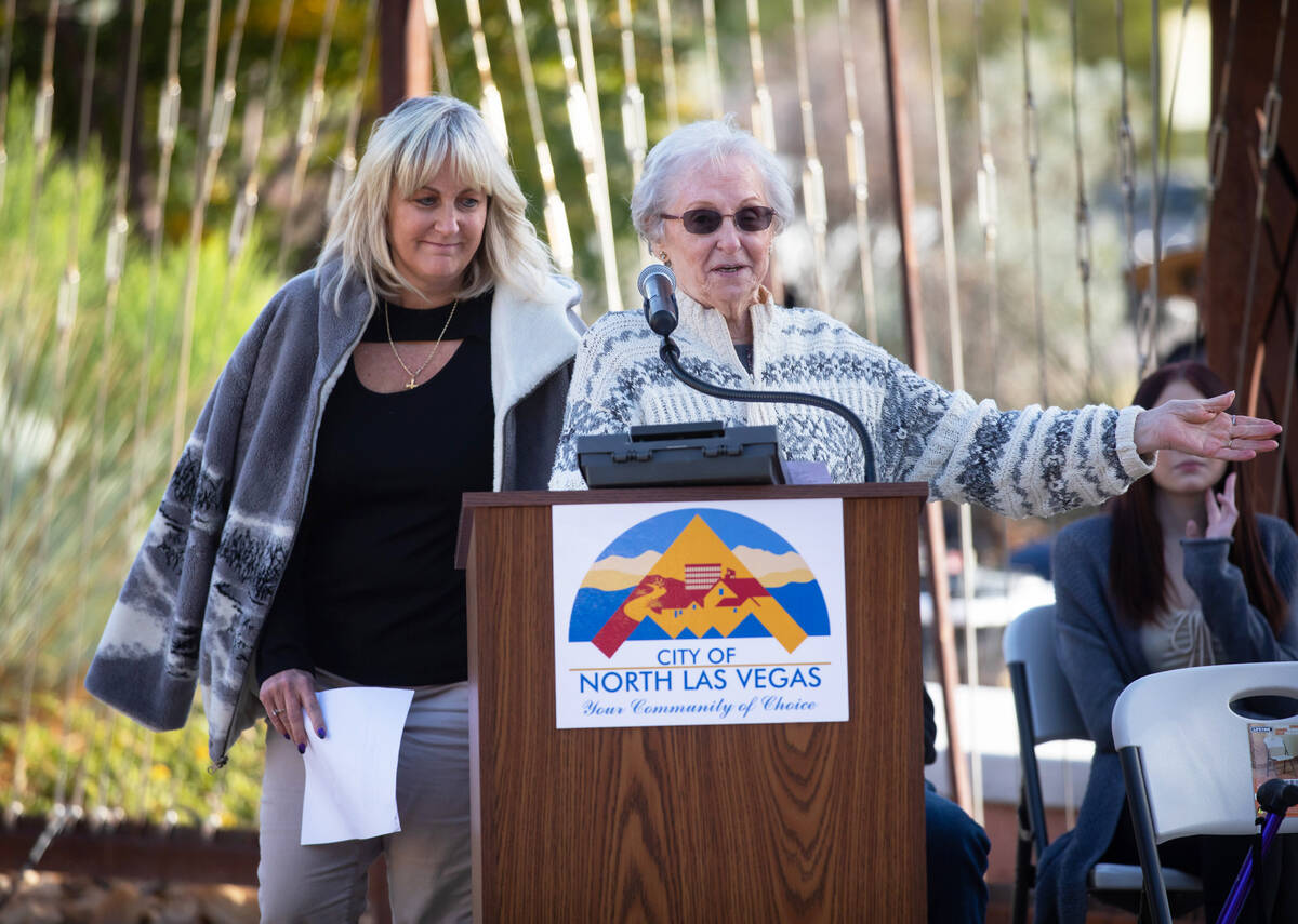 Patricia Reisbeck, right, speaks about her family history during a ceremony in honor of the Kie ...