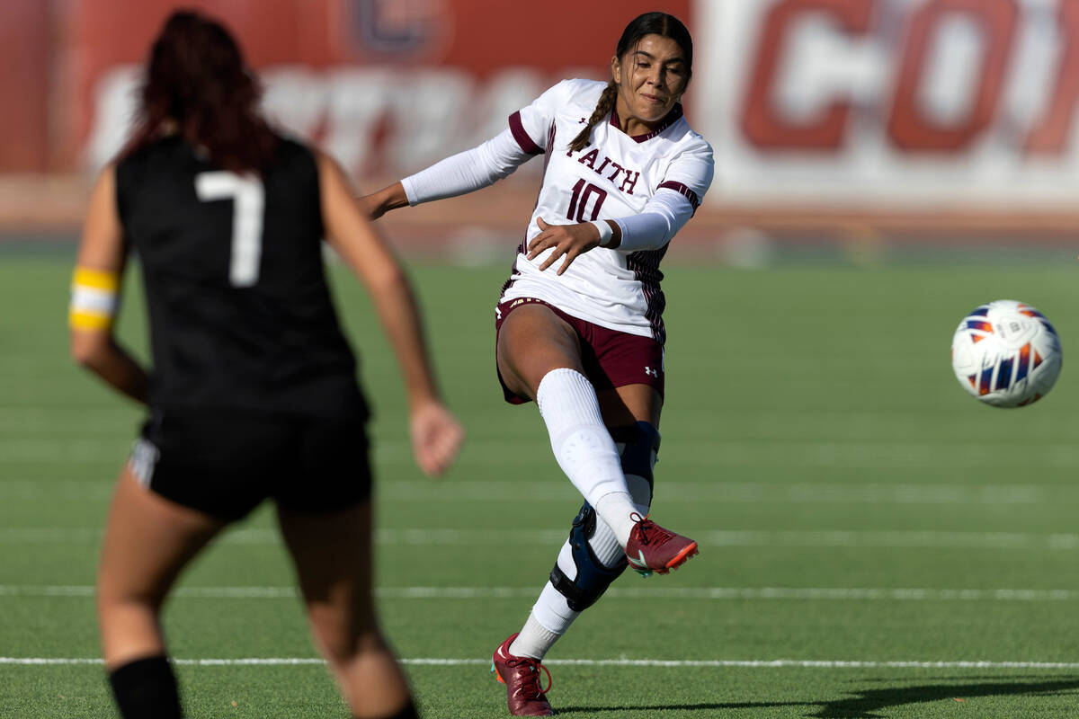 Faith Lutheran’s Andrea Leyva (10) attempts a goal against Galena’s Daria Ferrari ...