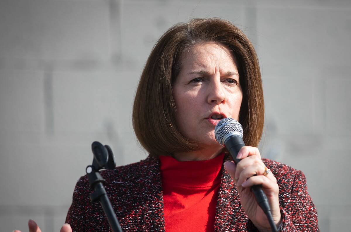 Sen. Catherine Cortez Masto speaks to the crowd during a rally in North Las Vegas on Saturday, ...
