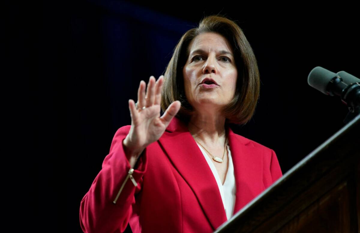 Sen. Catherine Cortez Masto, D-Nev., walks on stage during a rally with former President Barack ...