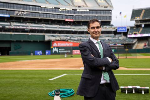 Oakland Athletics President Dave Kaval poses for a picture before the opening night game agains ...