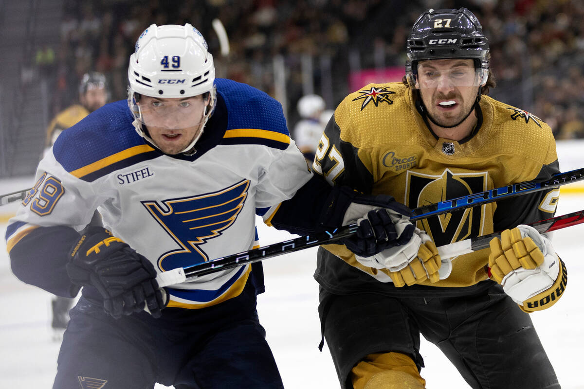 St. Louis Blues center Ivan Barbashev (49) skates against Vegas Golden Knights defenseman Shea ...