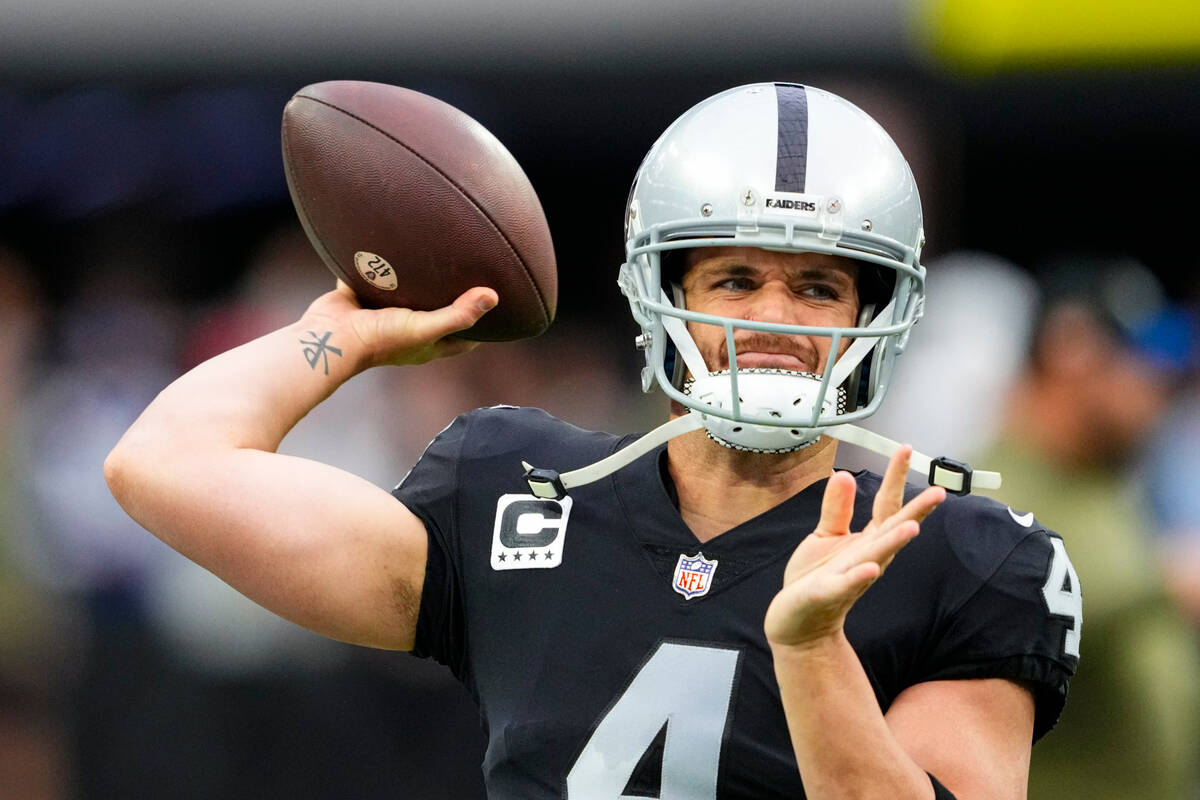 Las Vegas Raiders quarterback Derek Carr (4) throws before an NFL football game against the Ind ...