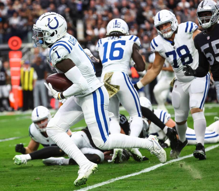 Indianapolis Colts wide receiver Parris Campbell (1) runs the ball against the Raiders during t ...