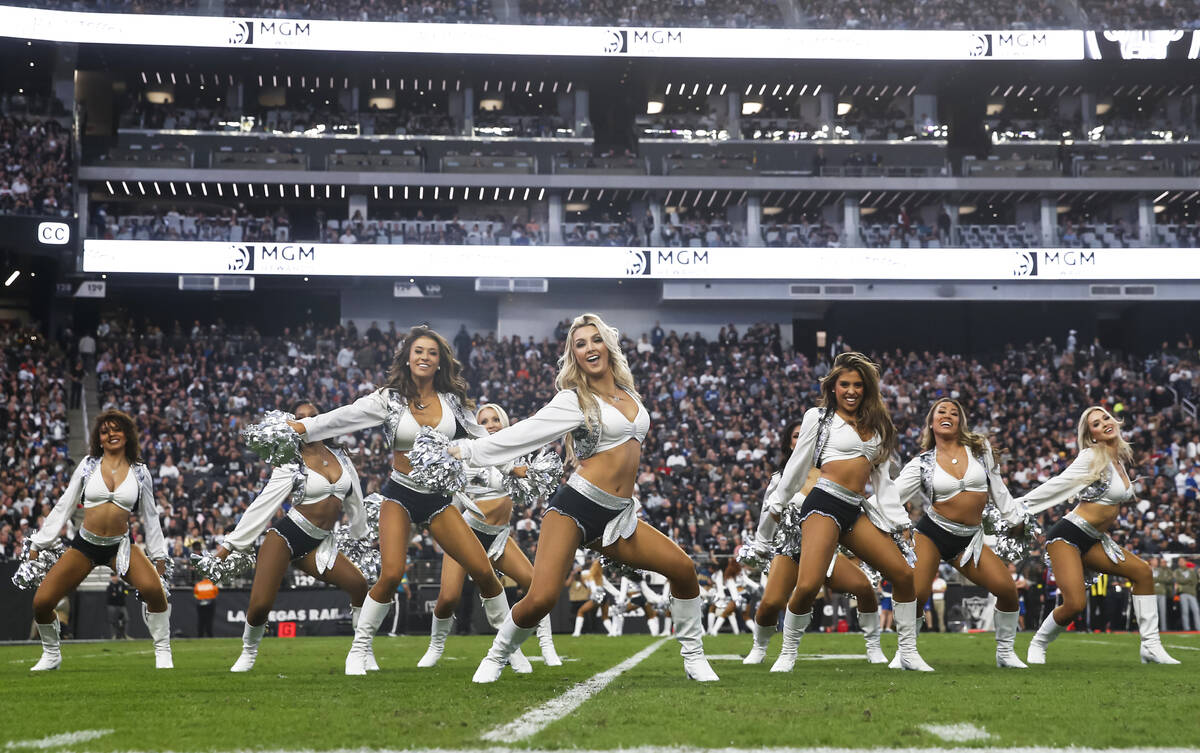 The Raiderettes perform during the second half of an NFL game at Allegiant Stadium on Sunday, N ...