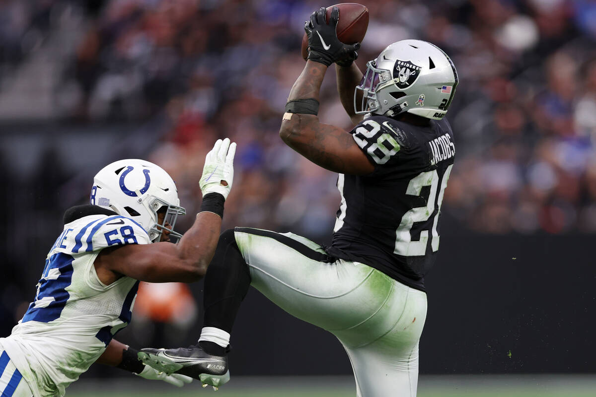 Raiders running back Josh Jacobs (28) makes a catch under pressure from Indianapolis Colts line ...