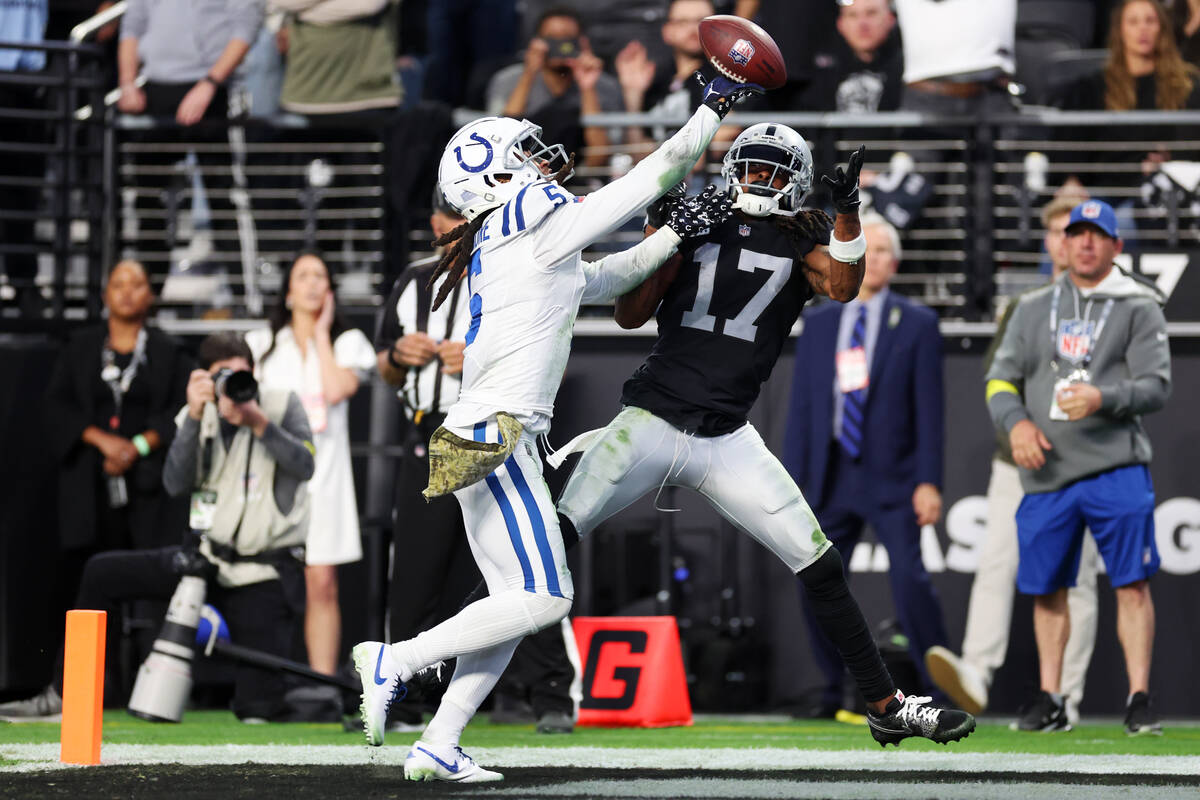 Indianapolis Colts cornerback Stephon Gilmore (5) defends a pass intended for Raiders wide rece ...