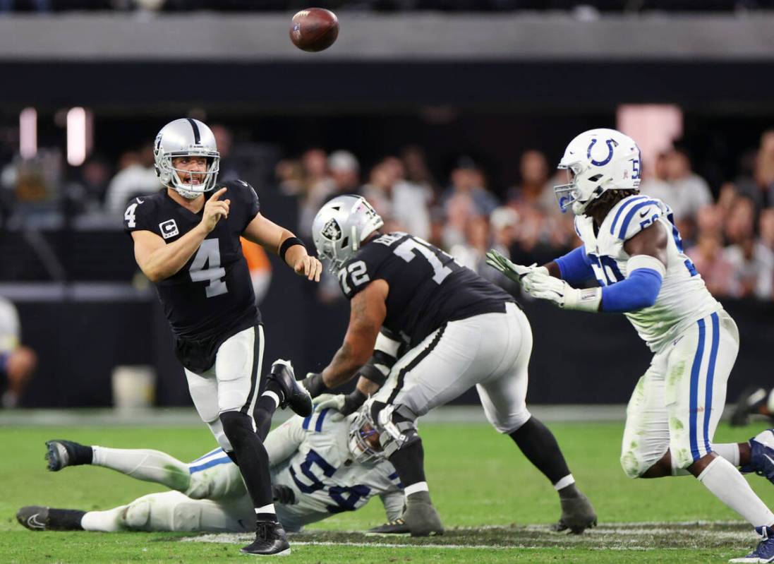 Raiders quarterback Derek Carr (4) throws a pass against the Indianapolis Colts in the second h ...