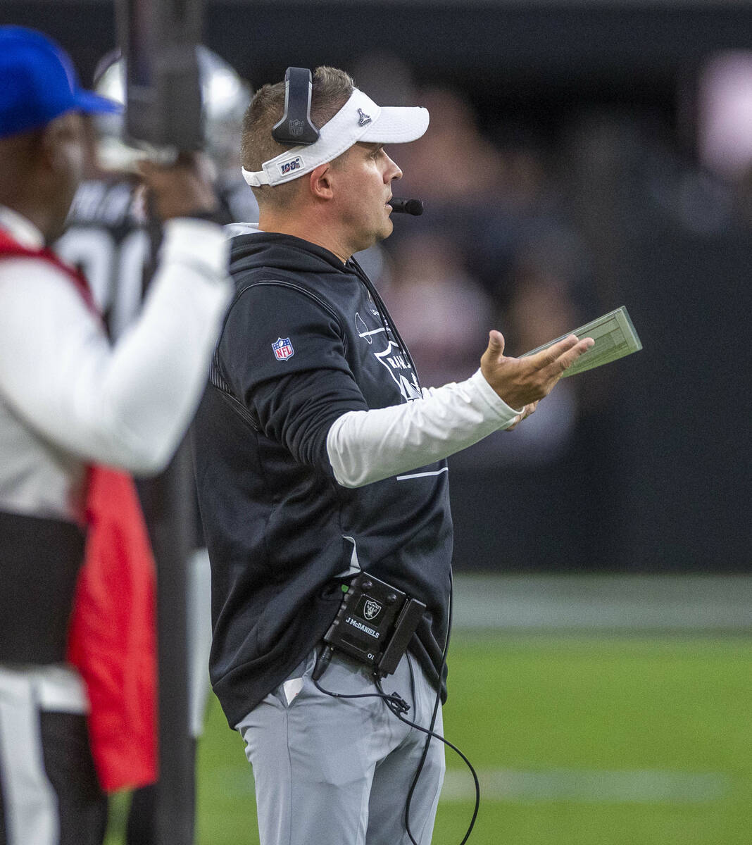RaidersHead Coach Josh McDaniels questions another penalty on his team versus the Indianapolis ...