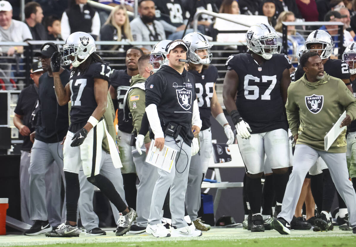 Raiders head coach Josh McDaniels looks on as the team takes on the Indianapolis Colts during t ...
