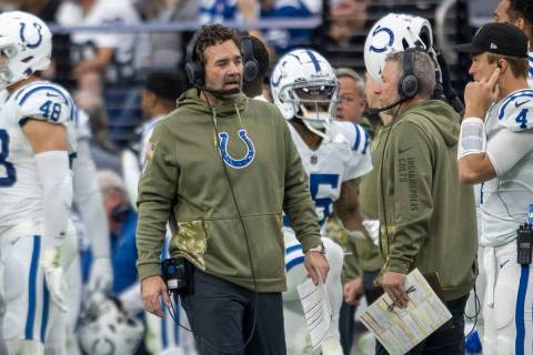 Indianapolis Colts head coach Jeff Saturday gives instructions during the first half of an NFL ...