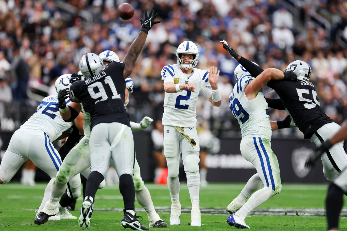 Indianapolis Colts quarterback Matt Ryan (2) throws a pass against the Raiders in the first hal ...