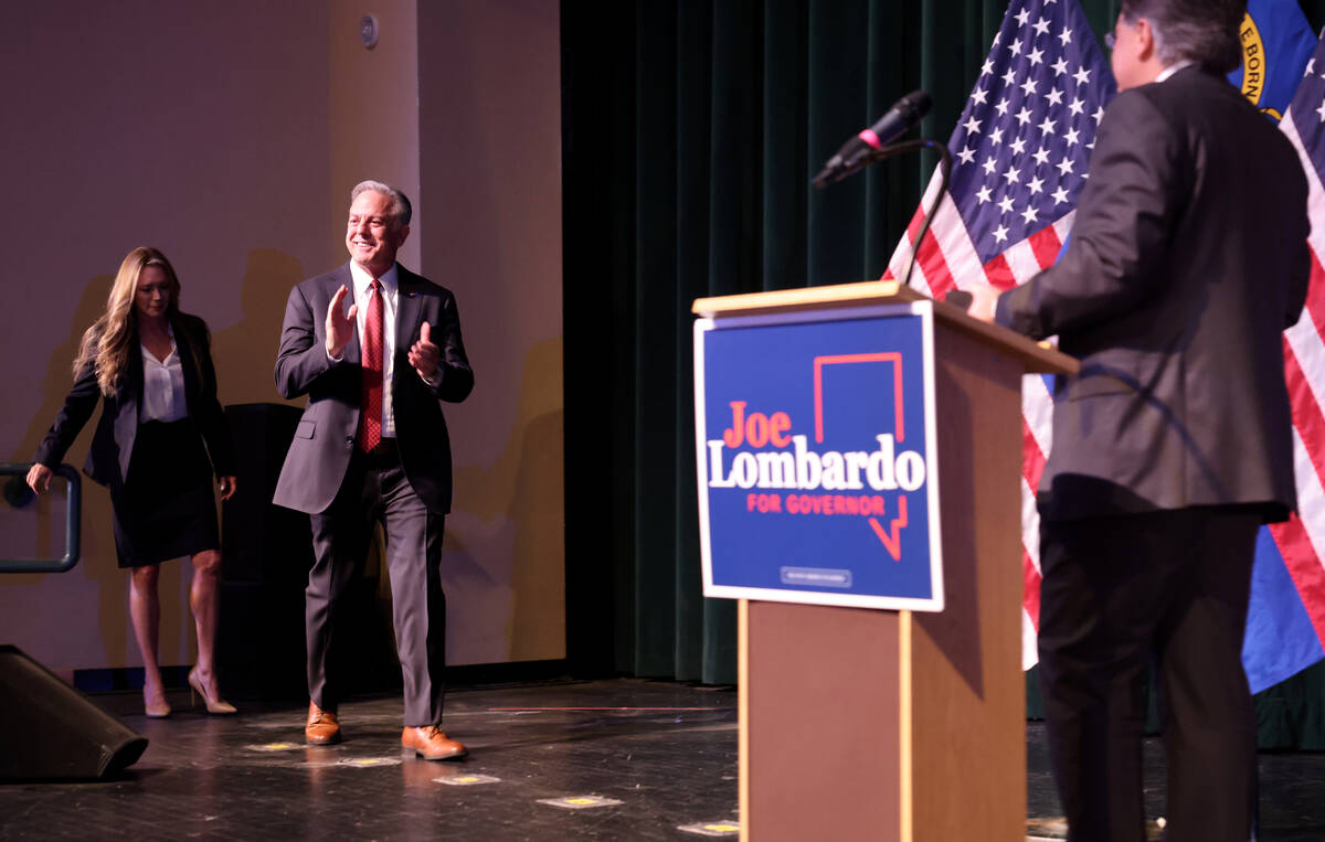 Nevada Gov.-elect Sheriff Joe Lombardo arrives with his wife Donna Lombardo to give a victory s ...