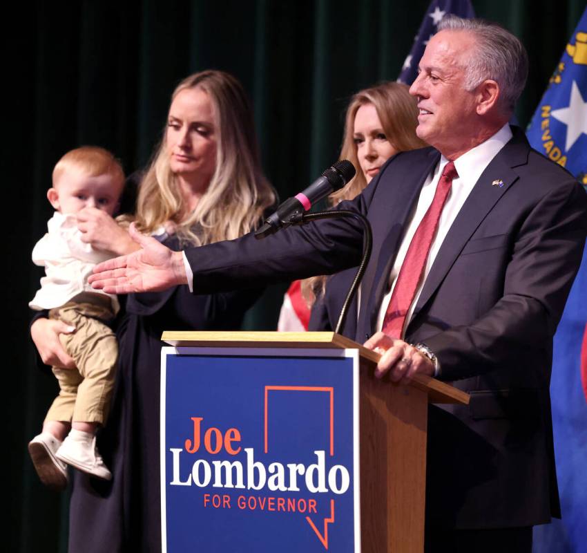 Nevada Gov.-elect Sheriff Joe Lombardo gives a victory speech at his alma mater, Rancho High Sc ...