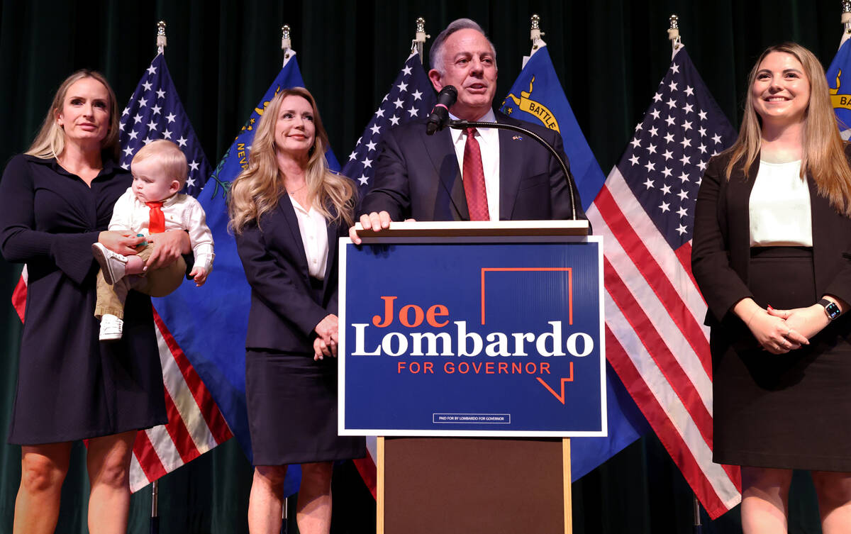 Nevada Gov.-elect Sheriff Joe Lombardo gives a victory speech at his alma mater, Rancho High Sc ...