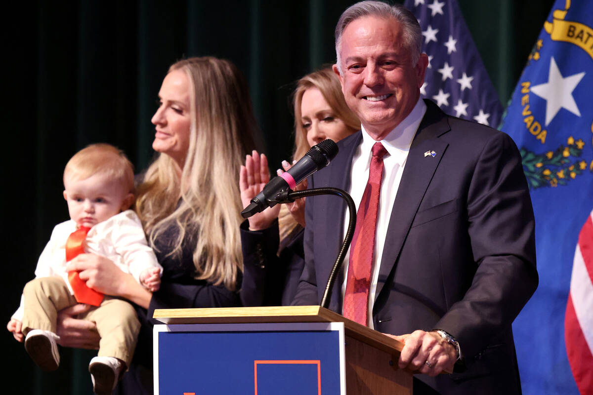 Nevada Gov.-elect Sheriff Joe Lombardo gives a victory speech at his alma mater, Rancho High Sc ...