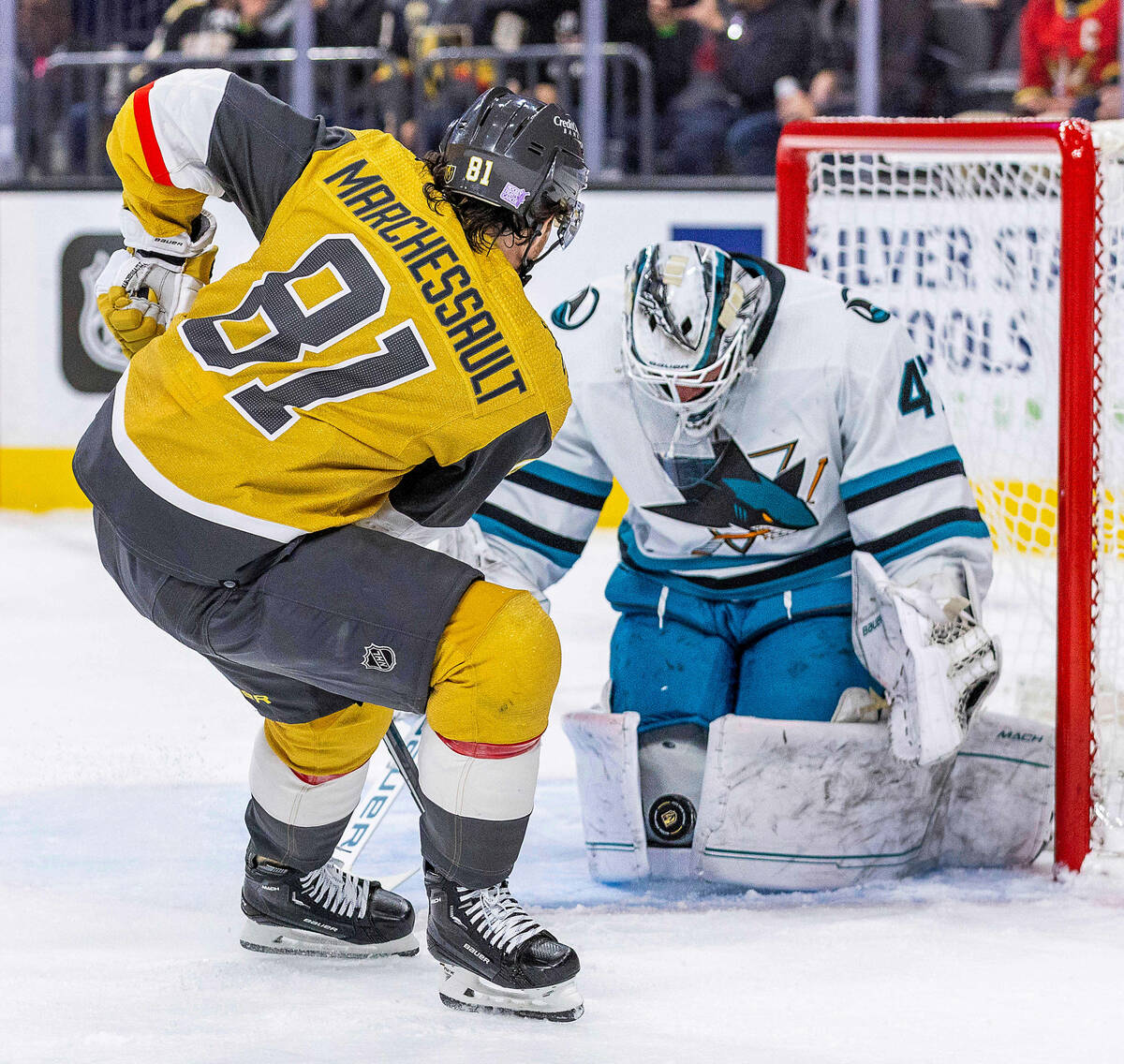 Golden Knights center Jonathan Marchessault (81) has a shot blocked by San Jose Sharks goaltend ...